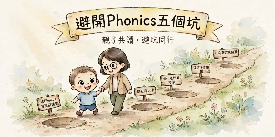 香港家長Phonics避坑指南：五個常見學習誤區圖解（把拼讀當萬能、開始太早、擔心跟拼音打架、逼背規則、學完就翻篇）
