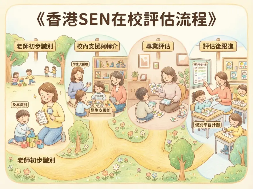 SEN 選校評估流程圖：由老師初步識別、學生支援組轉介、專業評估到個別學習計劃 IEP 制定